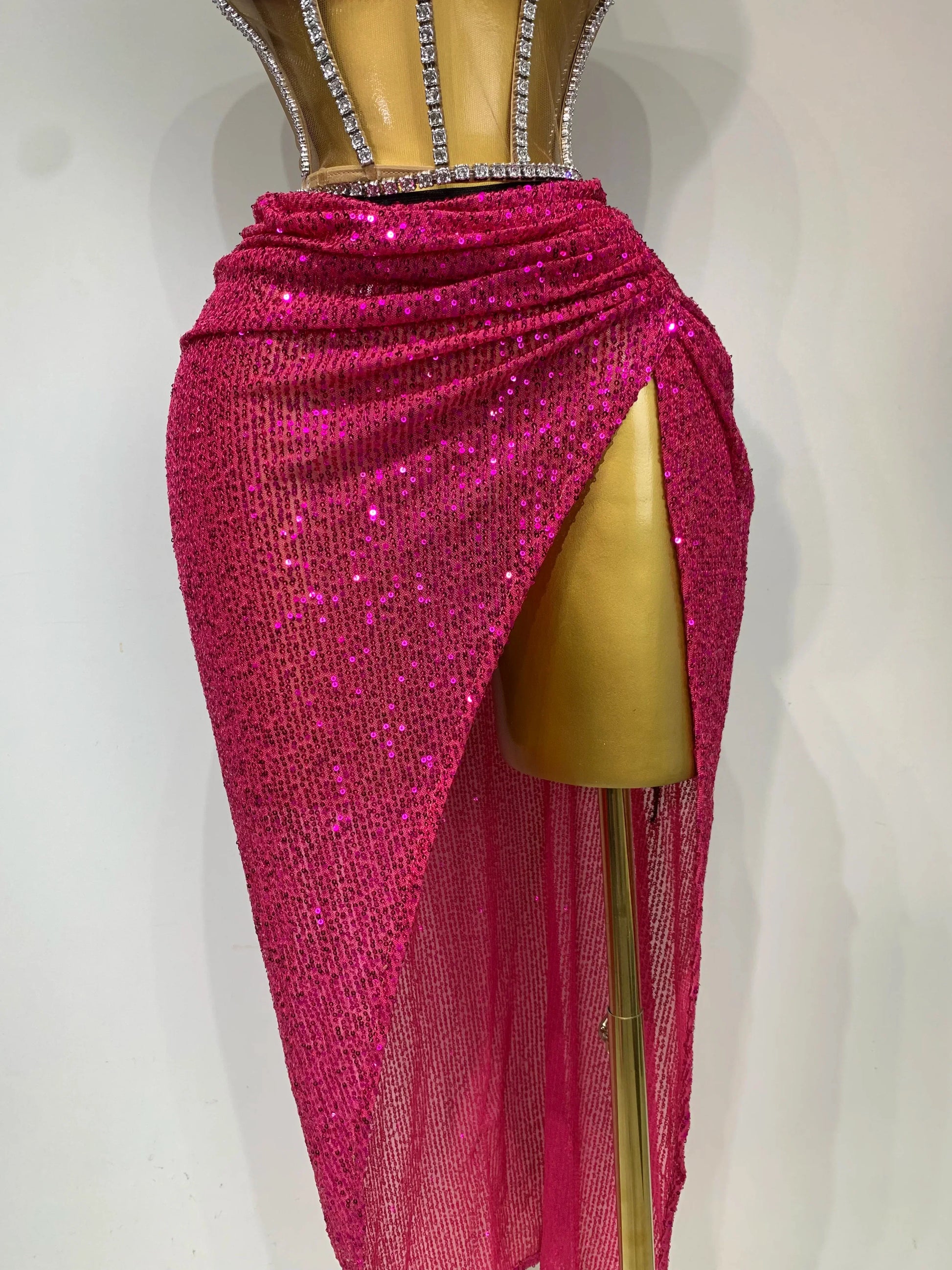 Women Sparkly Rhinestones Sequins Sexy Mesh Two Piece Set Evening Birthday Party Dress Nightclub Stage Performance Costumes