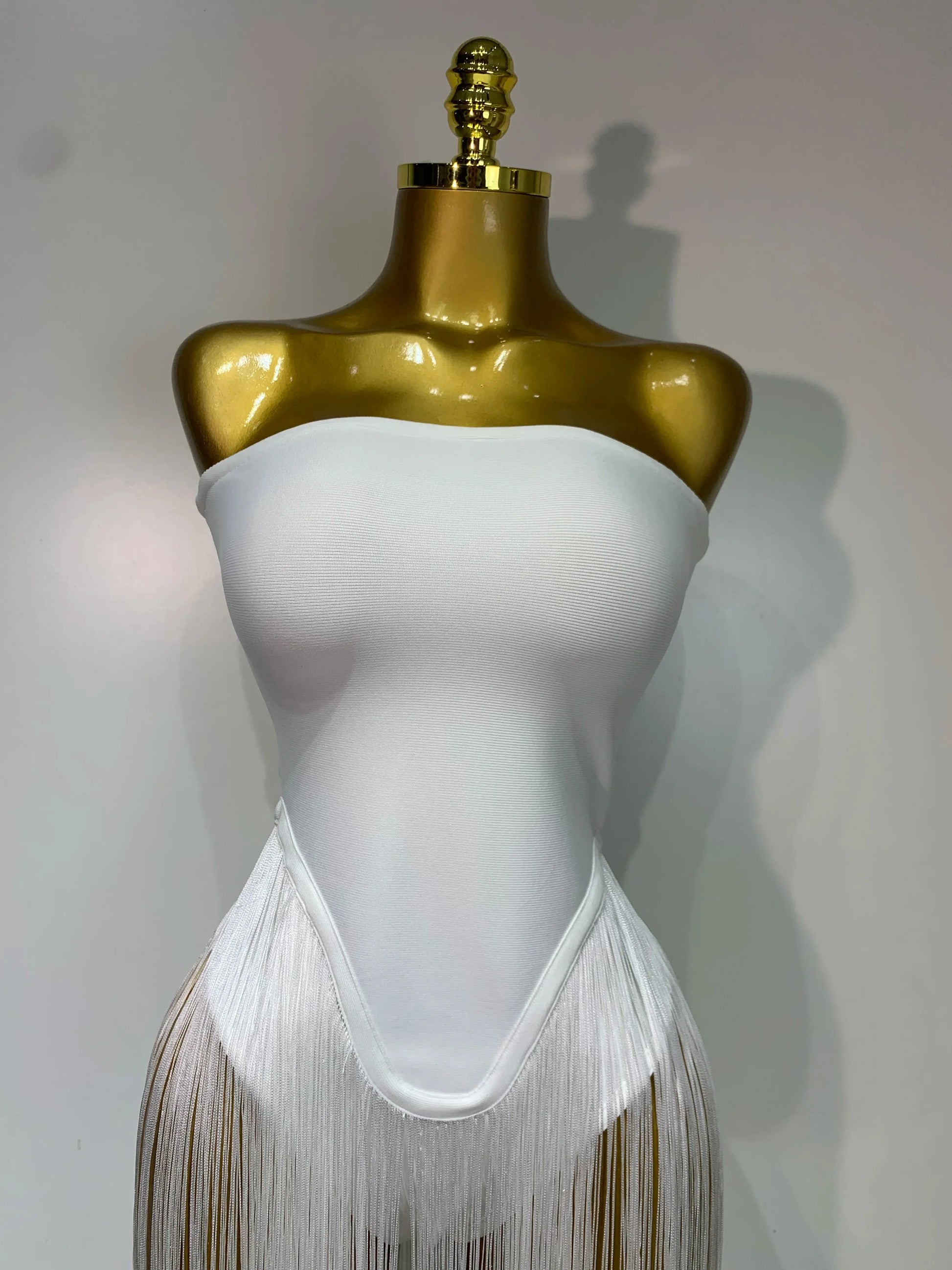 Women Sexy White Elegant Strapless Long Tassels Bandage Bodysuit Evening Party Luxury Birthdy Nightclub Singer Stage Outfit