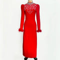 Black Red Color Women Long Sleeve Shinning Crystals Long Maxi Dress Celebrate Elegant Evening Party Outfit Vestido Red