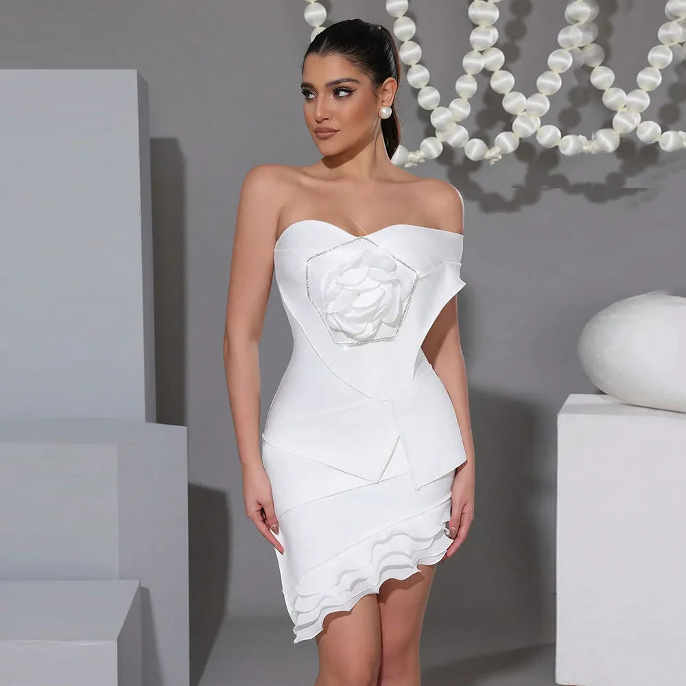2025 Summer New Women's Black Strapless Diamond 3D Flower Mini Sexy Boutique Celebrity Cocktail Party Bandage Dress WHITE