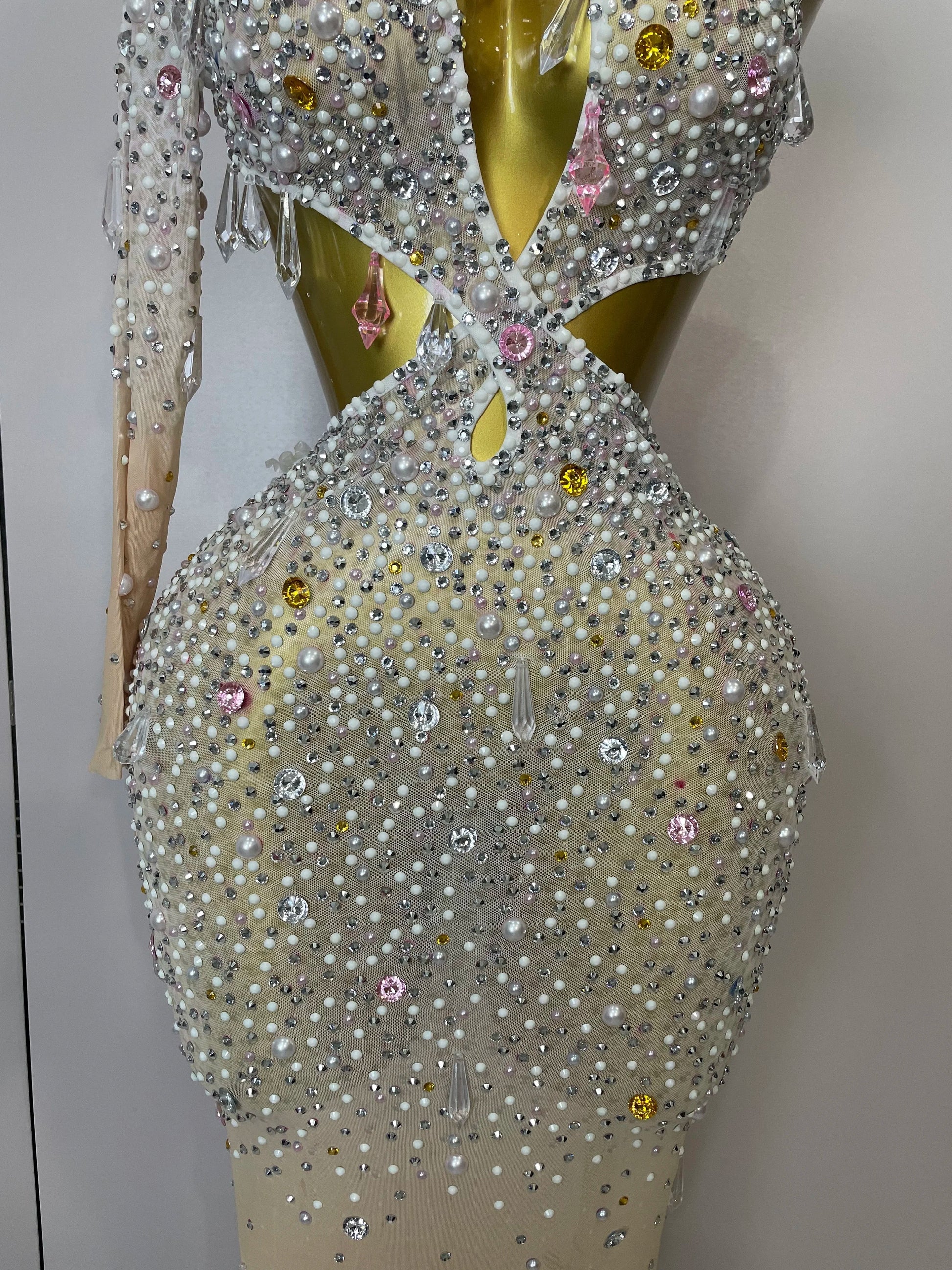 Women Sexy One Shoulder Hollow Out Big Crystal Bodycon Long Dress Celebrate Nightclub Party Bar Singer Birthday Dress