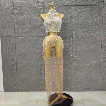 STOCK Fashion Women Sleeveless Sexy Beading Mesh See Through 2 Pieces Bodycon Dress Celebrate Nightclub Party Outfit Vestido Champagne