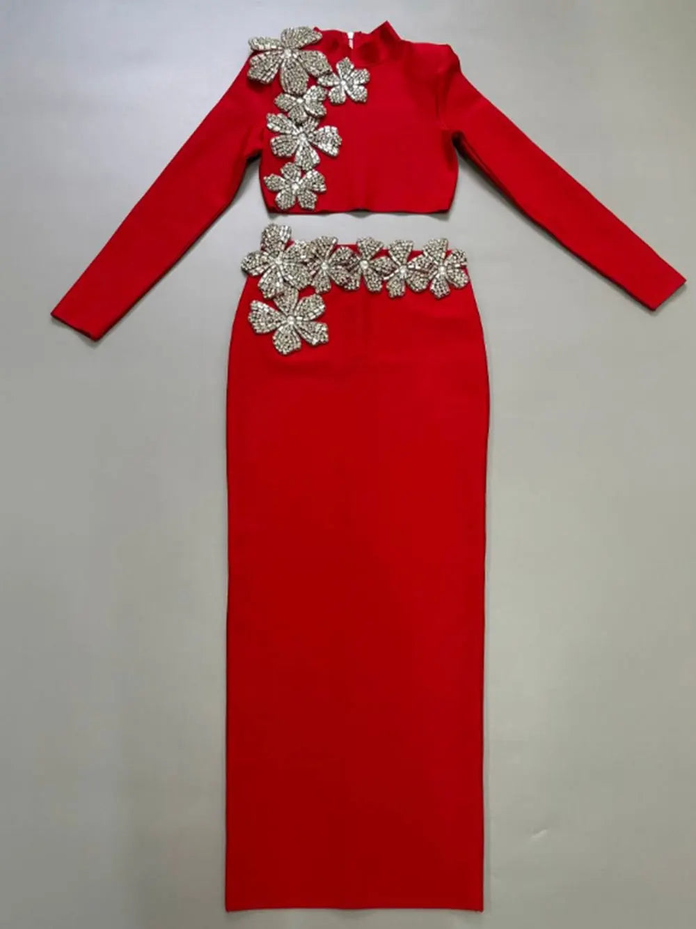 2024 Sexy Women's Bandage Skirt Set Stand up Collar Long Sleeve Nail Bead Water Diamond Short Top+Long Dress Two Piece Set Red