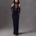 High Quality Women Black Color Women Sleeveless Off the Shoulder Lace Bodycon Long Dress Celebrate Evening Party Bar Club Wear