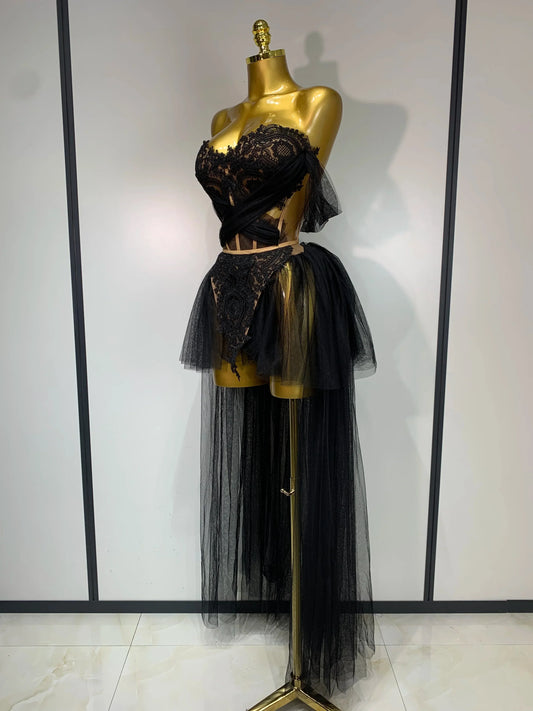 New Arrived Sexy Cute Mesh Tops Skirt 2 PCS Set Women Celebrate Party Birthday Nightclub Performance Stage Show Outfit