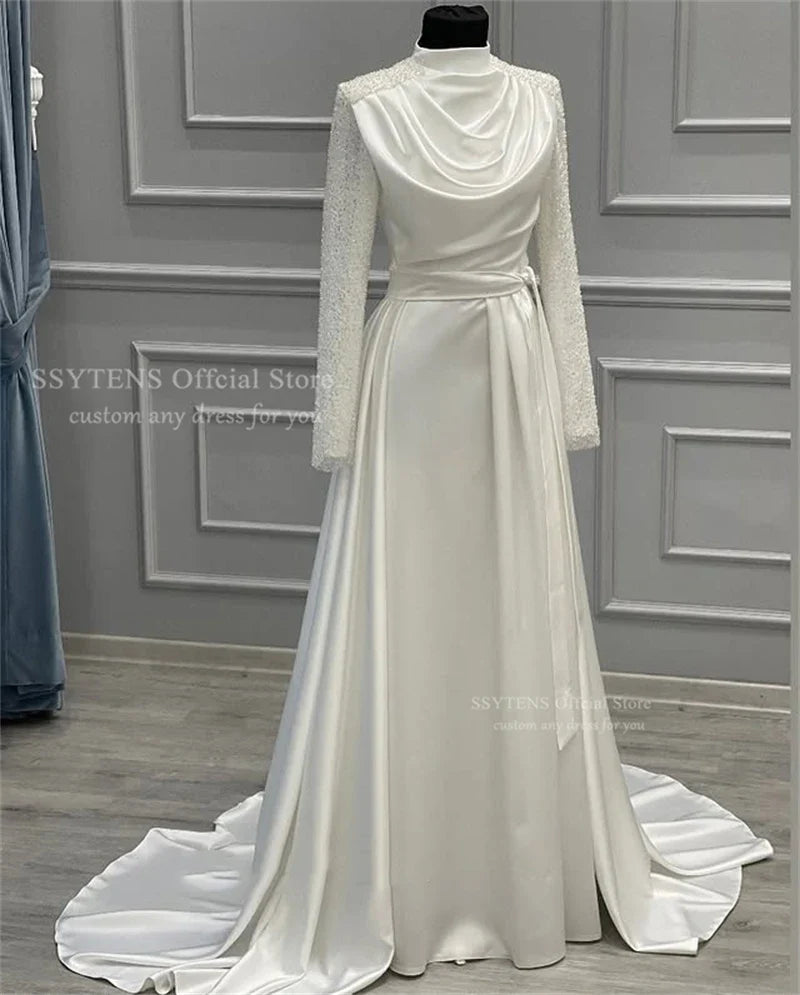 Muslim Classy Arabic Wedding Dress High Neck Beaded Bride Dresses Long Sleeves Customized Muslim Bridal Gowns Vestido De Noiva Picture Color