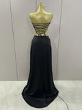 Gold Color Sexy Laced-up Tops 2 Pieces Set Long Dress Women Celebrate Evening Party Celebrity Elegant Dress