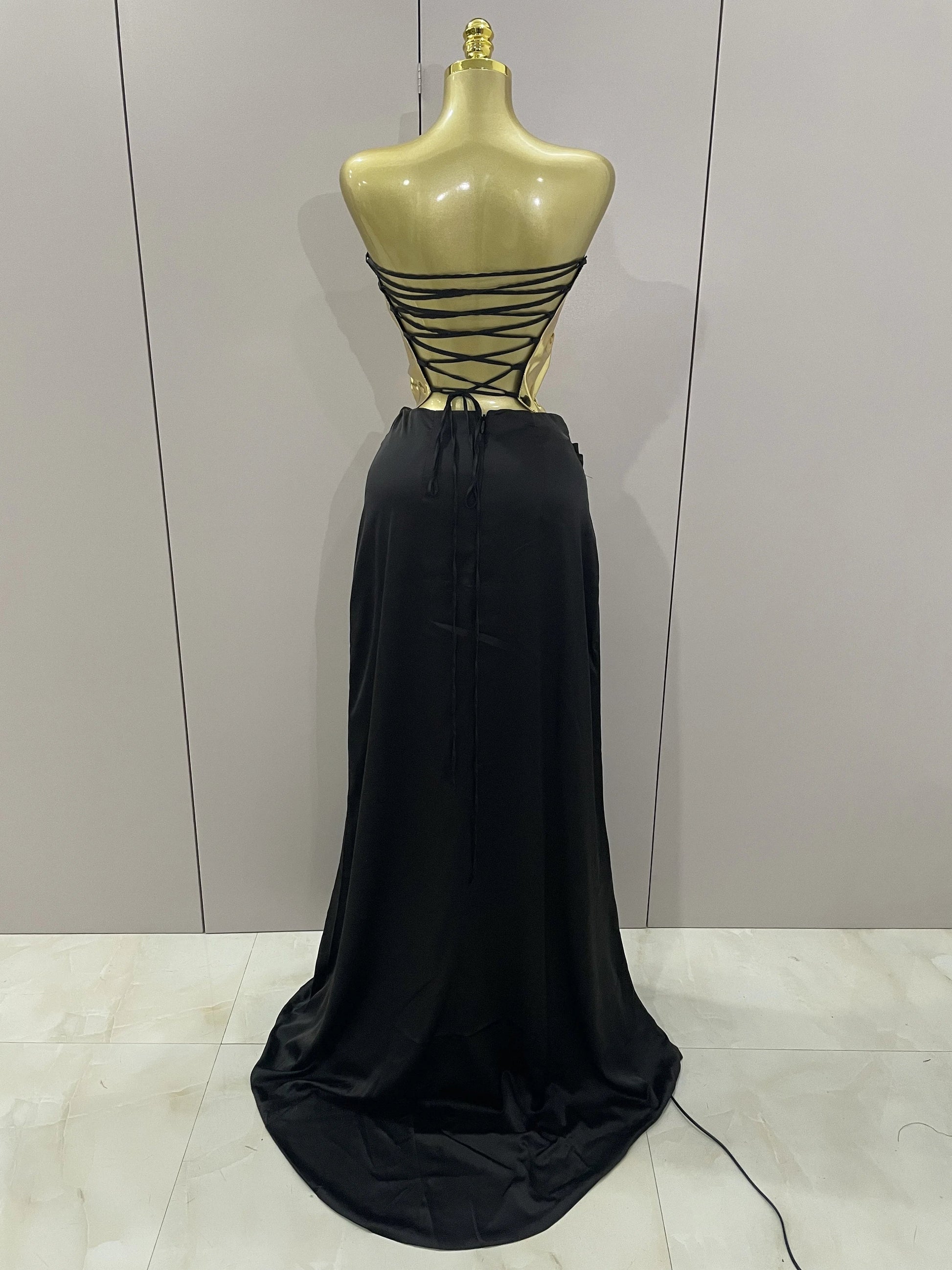 Gold Color Sexy Laced-up Tops 2 Pieces Set Long Dress Women Celebrate Evening Party Celebrity Elegant Dress