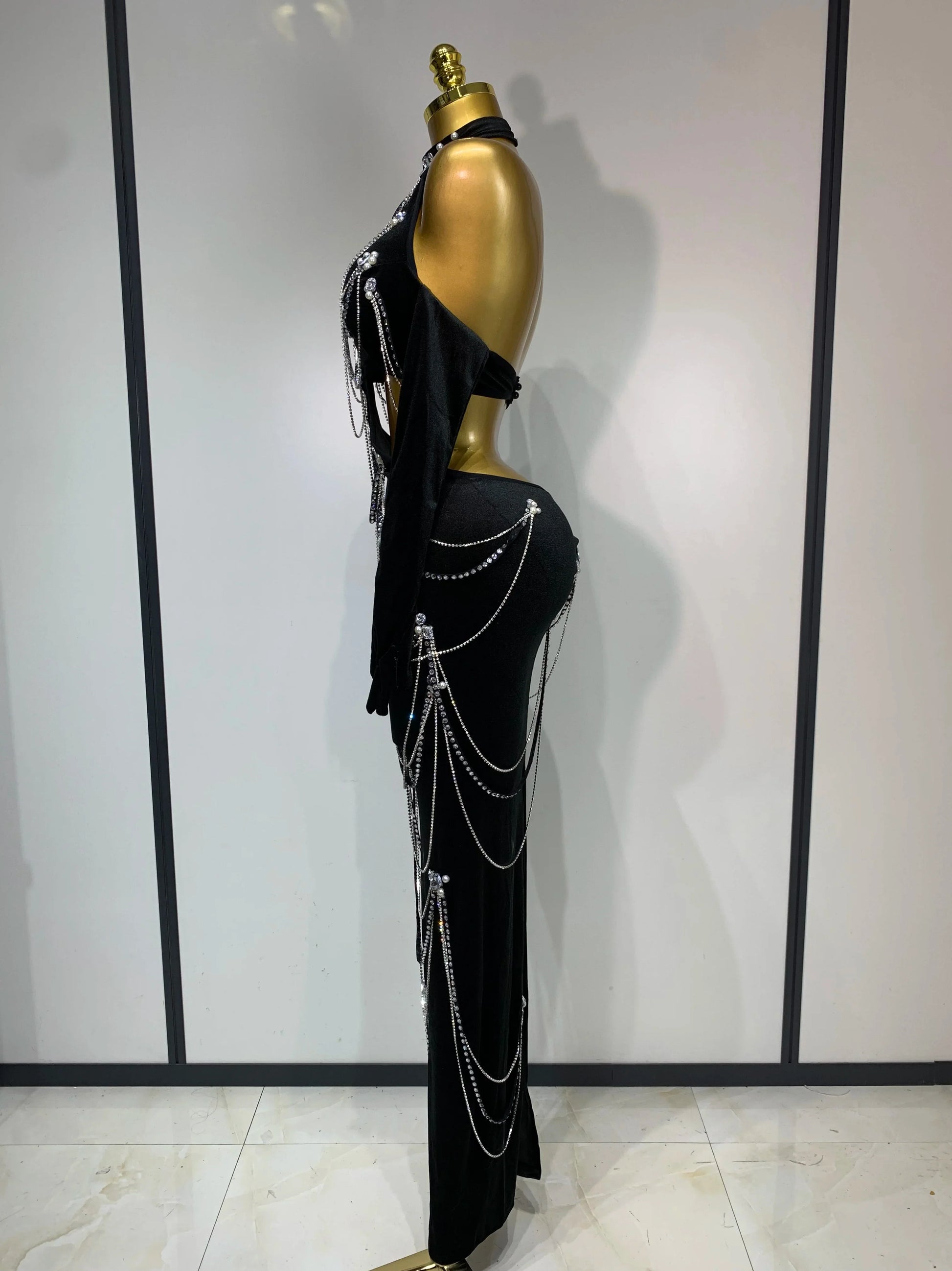 Women Sparkly Diamonds Tassels Chain Sexy Halter Backless Long Dress Evening Party Birthday Celebrate Celebrity Stage Costume