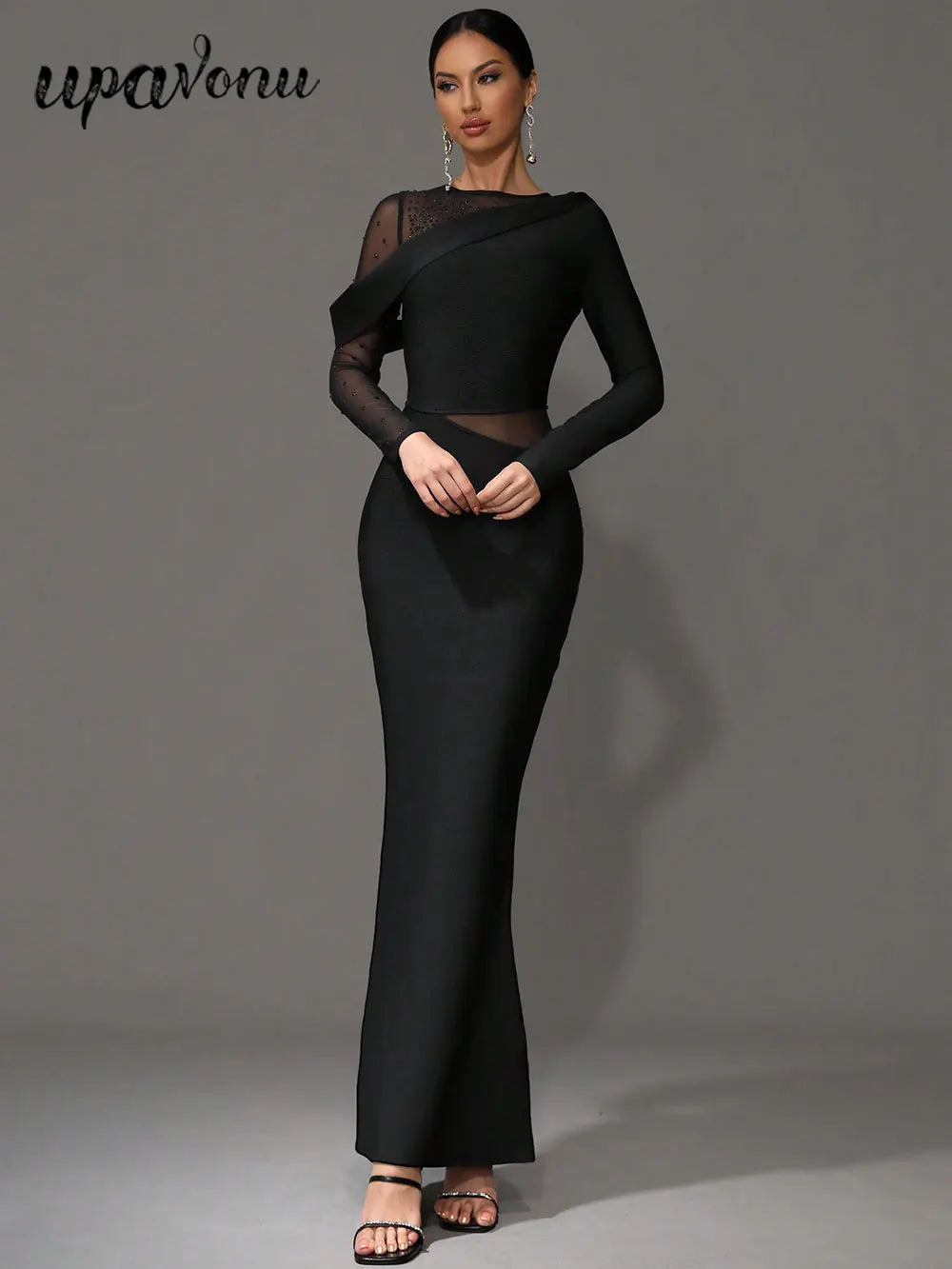 2025 Elegant Women 3D Hot Diamond Mesh Patchwork Bandage Dress O-Neck Long Sleeve Bodycon Black Long Dress Evening Party Vestido