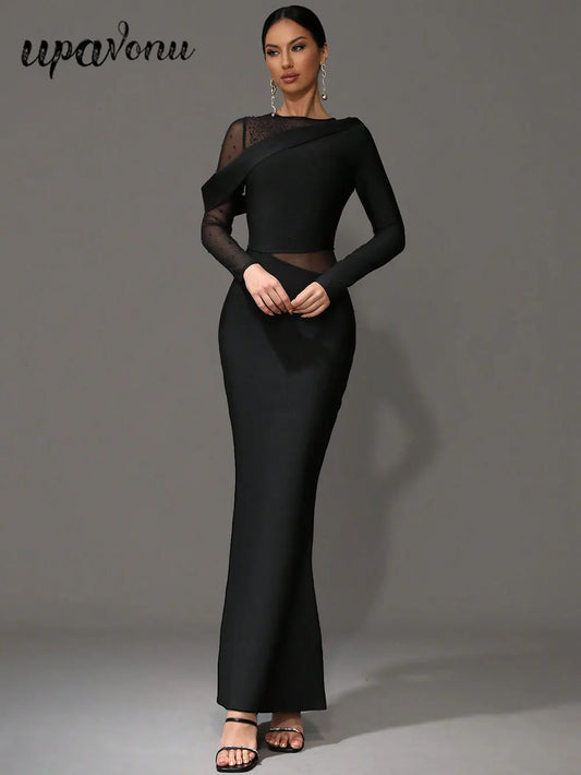 2025 Elegant Women 3D Hot Diamond Mesh Patchwork Bandage Dress O-Neck Long Sleeve Bodycon Black Long Dress Evening Party Vestido