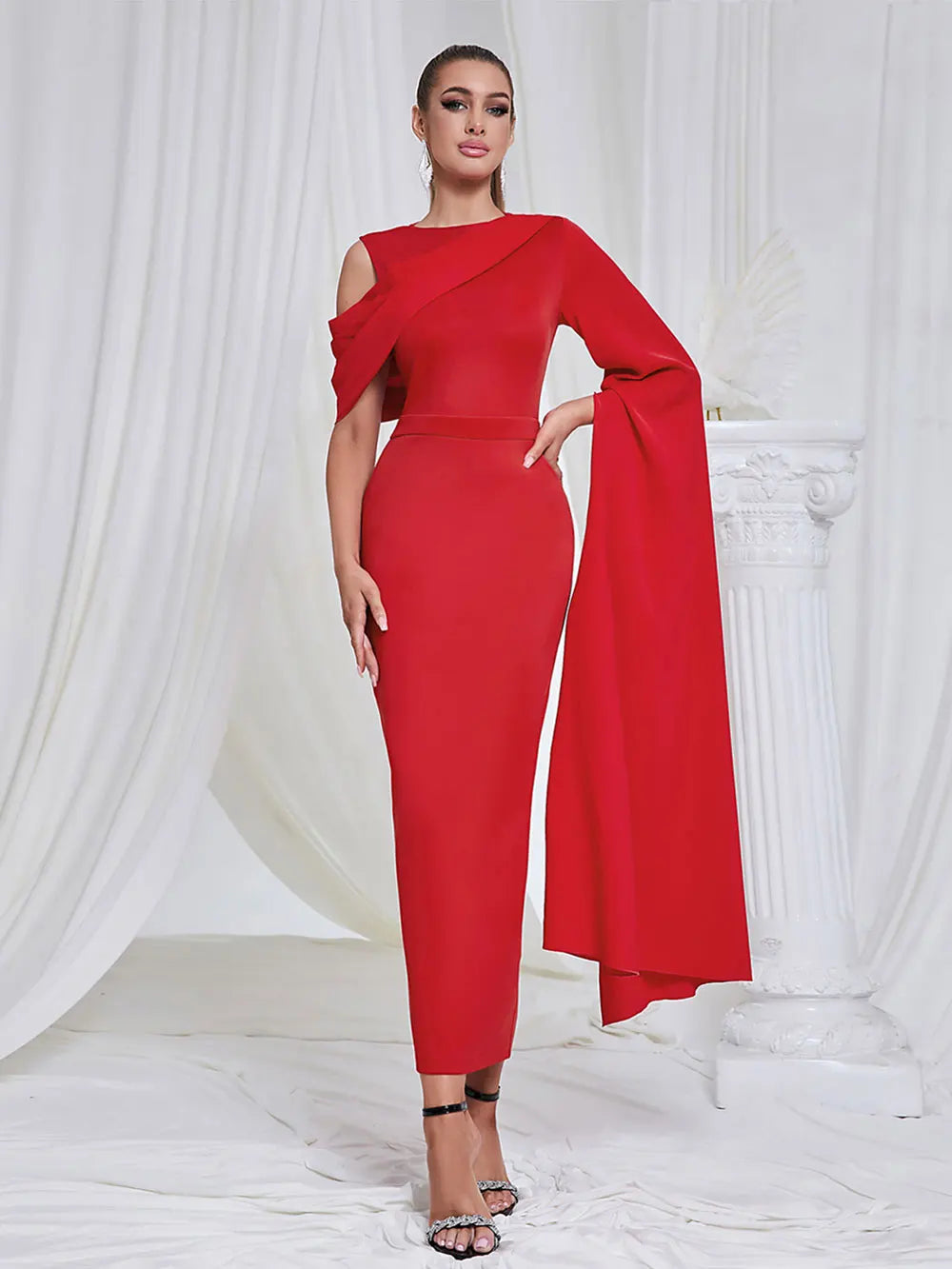 2024 Chic and Elegant Women's Red Dress O-neck Single Shoulder Oversized Trumpet Sleeve Bodycon Long Dress Evening Party Vestido Red