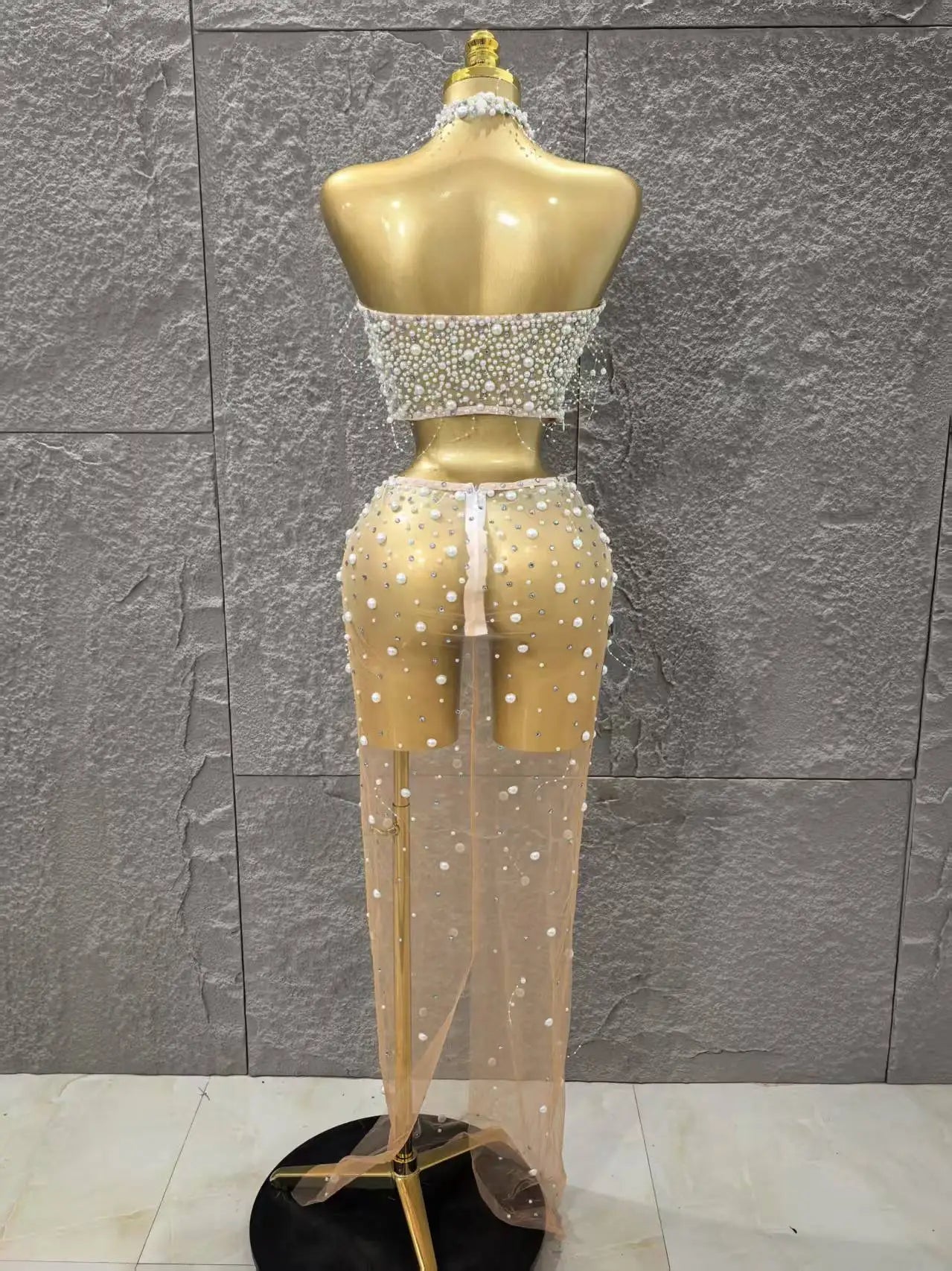 STOCK Fashion Women Sleeveless Sexy Beading Mesh See Through 2 Pieces Bodycon Dress Celebrate Nightclub Party Outfit Vestido