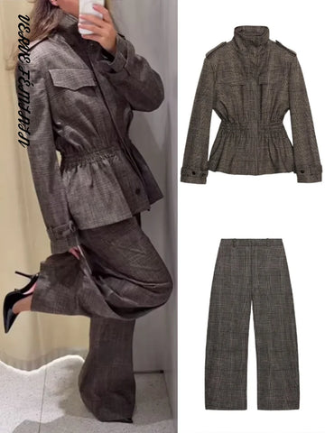 Women's 2 Pcs Suits Lapel Waist Cinching Ruffle Jackets Pants Sets Autumn 2025 Female Epaulet Slim Coats High Waist Trousers New