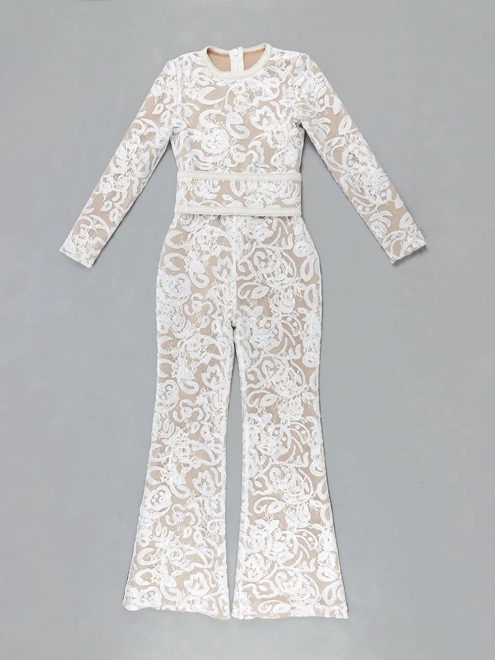 Women'S Light Luxury Sequin Patchwork Bandage Jumpsuit O-Neck Long Sleeved Waistband Flared Jumpsuit Pants Party Jumpsuit