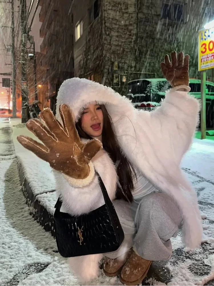 White Hooded Faux Fur Overcoats Women Fashion Casual Plush Full Sleeve Warm Loose Jacket Lady Winter Daily Commute Street Wear