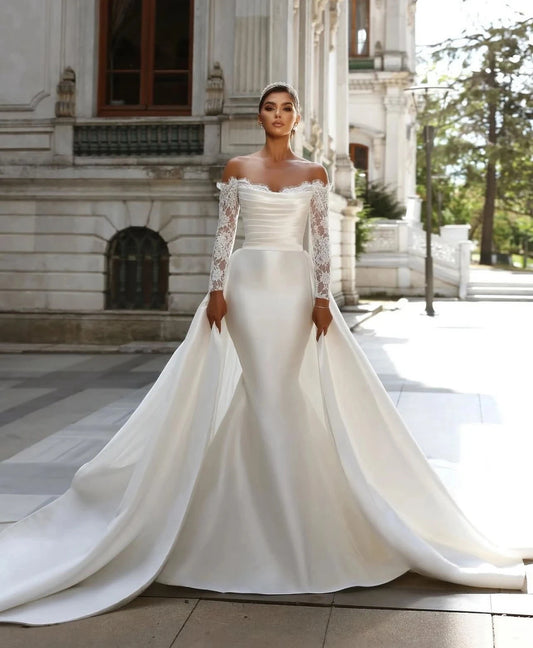 Elegant Wedding Dresses 2026 Off Shoulder Lace Long Sleeves Satin Mermaid Bride Dress Bridal Gowns Vestido De Noiva