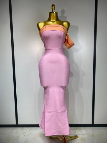Women Sexy One Shoulder Color Block Bodycon Bandage Dress Celebrity Elegant Evening Club Luxury Birthday Party Outfit Pink