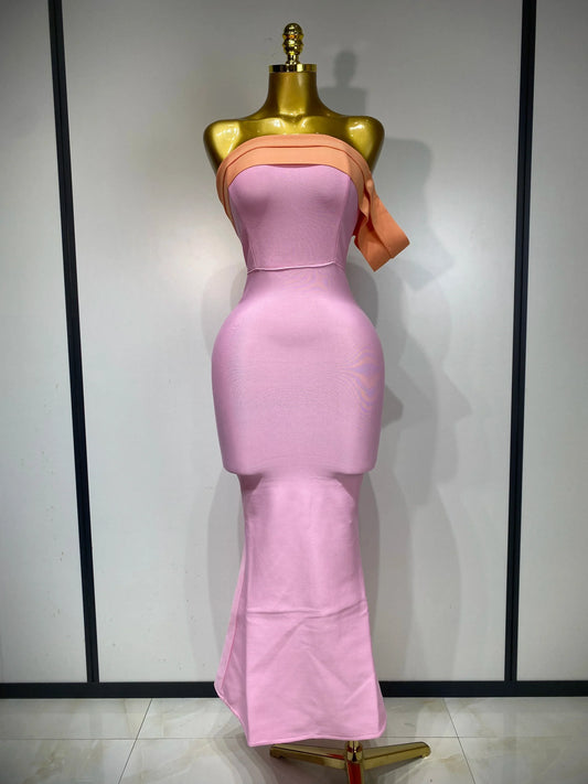Women Sexy One Shoulder Color Block Bodycon Bandage Dress Celebrity Elegant Evening Club Luxury Birthday Party Outfit Pink