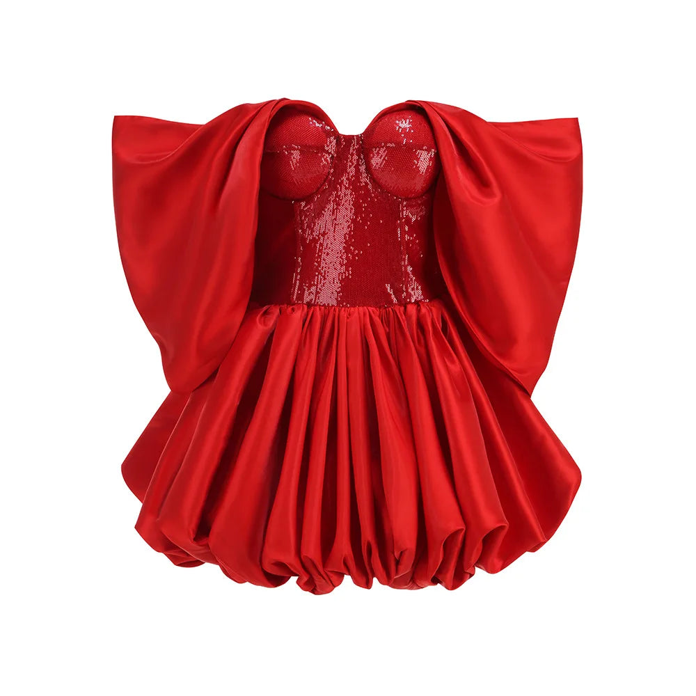 New Spring Red Color Women Sexy Strapless Ball Gowm Mini Shinning Sequins Dress Celebrate Birthday Party Christmas Dress Red