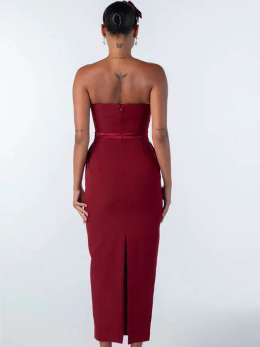 New Arrival Women Sexy Strapless Bow Bodycon Mid-calf Dress Celebrate Birthday Party Date Cocktail Outfit High Quality