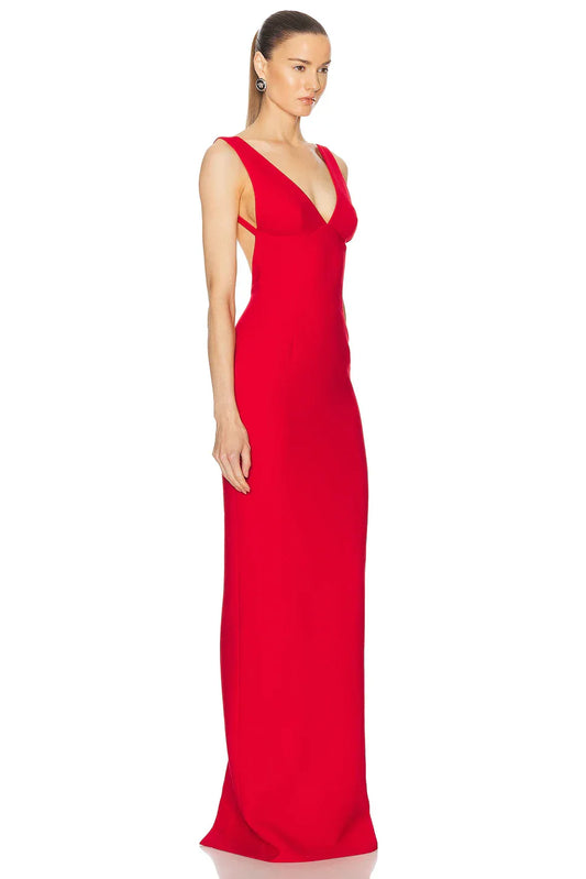 Red Color Women Sleeveless V-Neck Backless Bodycon Long Bandage Dress Celebrate Evening Party Birthday Outfit Vestido