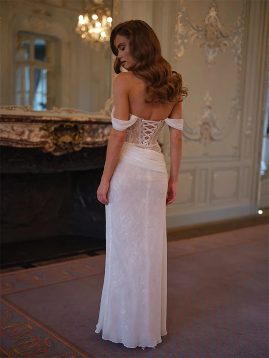 Gorgeous Pleated Lace Mermaid Wedding Dress Off Shoulder Floor-length Formal Bridal Gowns vestidos de novia