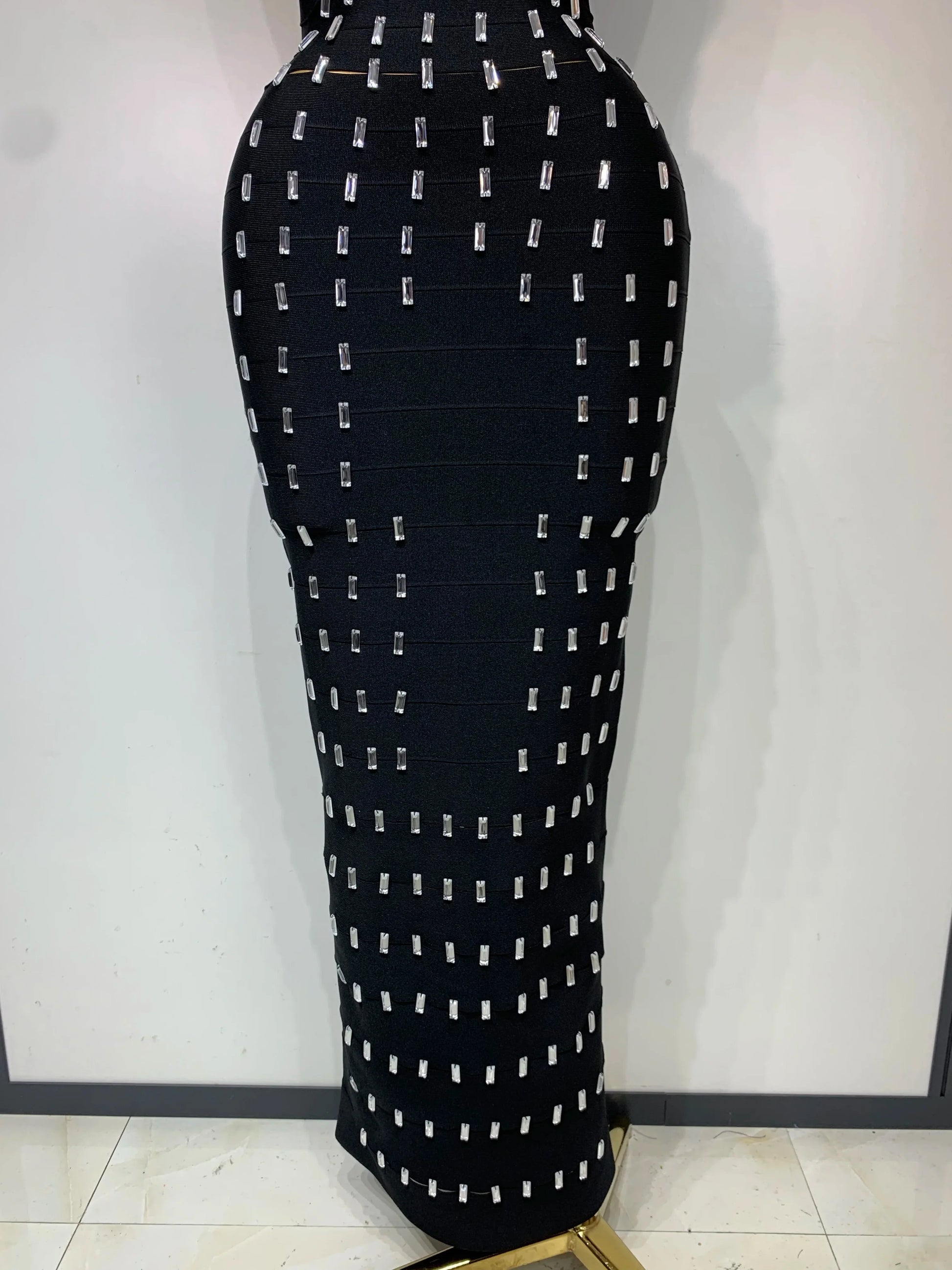 Women's Fashion Sexy Luxury Rhinestone Black Bodycon Bandage Dress Cocktail Evening Party Long Dresses Wedding Guest Gown