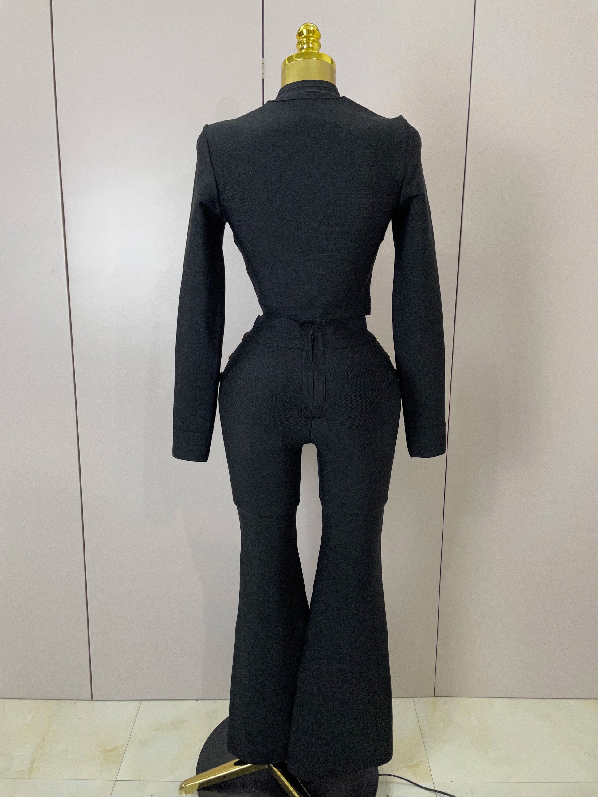 Golden Buttons Short Coat Top And Flare Pants Bandage 2 Pieces Set Woman Celebrity Evening Party Vestidos