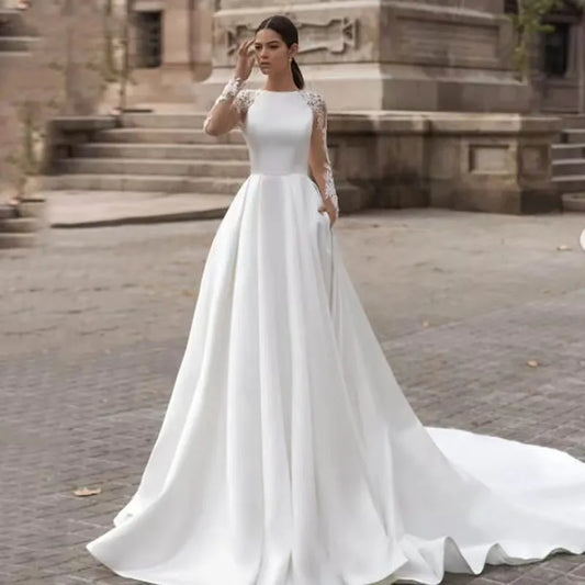 Exquisite A-line Wedding Dress 2026 Boat Neck Long Sleeves Illusion Back Buttons Embroidery Lace Applique Bride Bridal Gowns