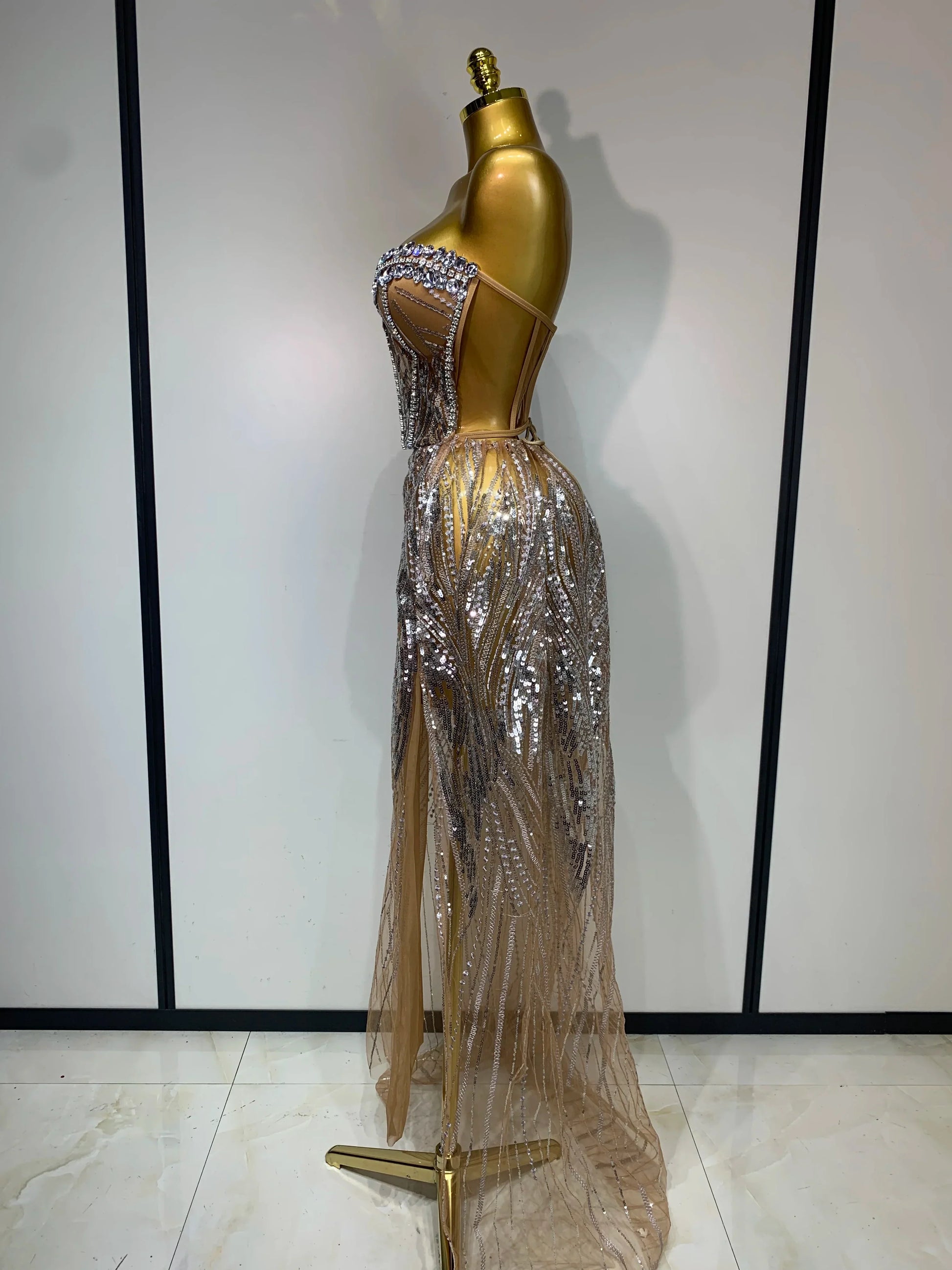 Women Sexy Strapless Mesh See Through Crystal Maxi Dress Evening Party Singer Stage Performance Costume Luxury Birthday Dress