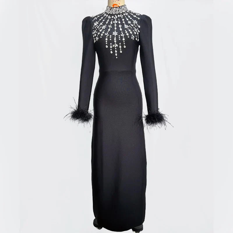Black Red Color Women Long Sleeve Shinning Crystals Long Maxi Dress Celebrate Elegant Evening Party Outfit Vestido
