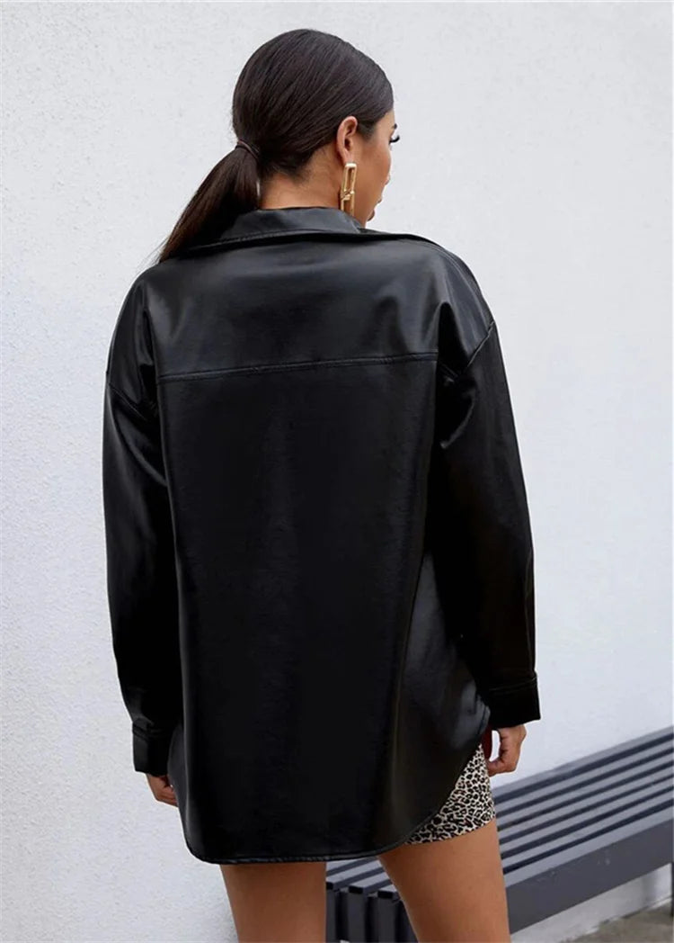 European American PU Leather Loose Jacket Women Autumn Single Breasted Lapel Long Sleeve Coats Streetwear Bomber Jackets Outfits