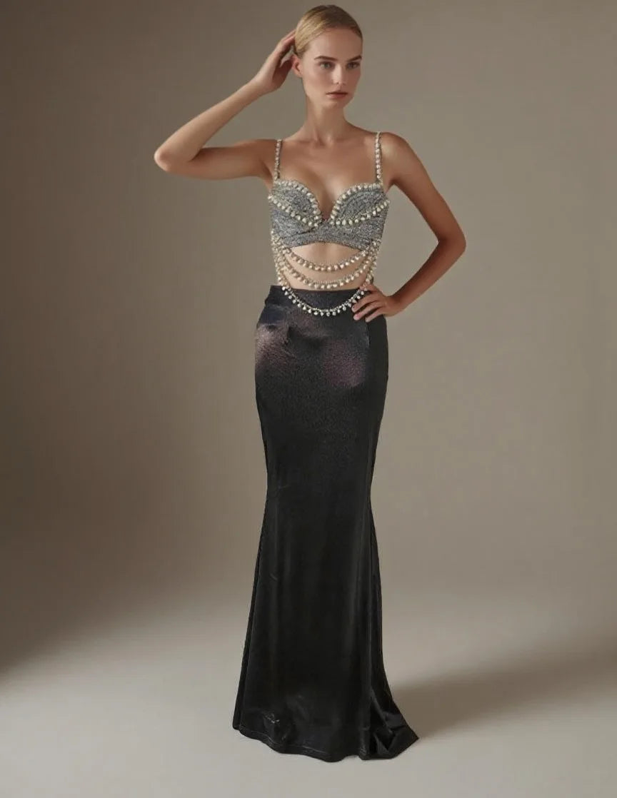 New Summer Women Sexy Shinning Crystal Tops 2 Pieces Bodycon Long Dress Elegant Evening Birthday Party Cocktail Outfit