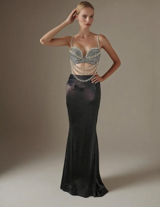 New Summer Women Sexy Shinning Crystal Tops 2 Pieces Bodycon Long Dress Elegant Evening Birthday Party Cocktail Outfit