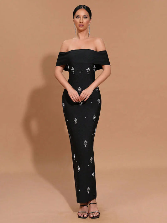 2025 Sexy Women's Light Luxury Diamond Set Bandage Dress with One Collar Shoulder Bodycon Bareback Long Dress Club Party Vestido