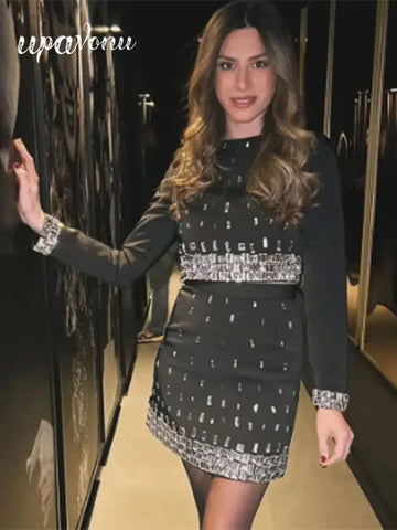 Women's Wear Heavy Industry Beaded Design Mini Skirt Sets Standing Neck Long sleeved Short Top+Short Skirt Two piece Set