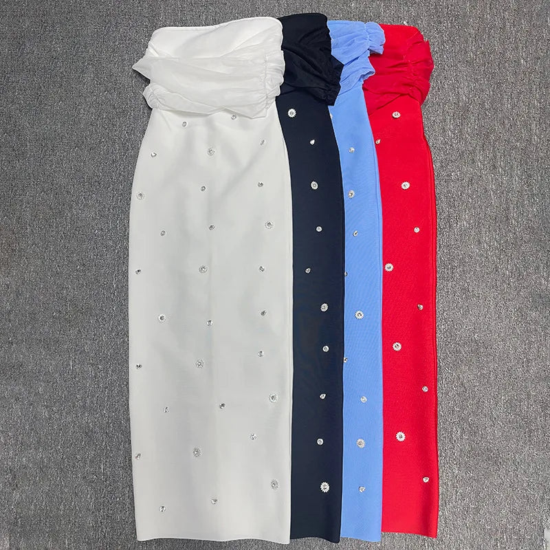 4 Colors Women Sexy Slash Neck Off the Shoulder Shinning Crystal Bodycon Long Bandage Dress Celebrate Birthday Party Outfit