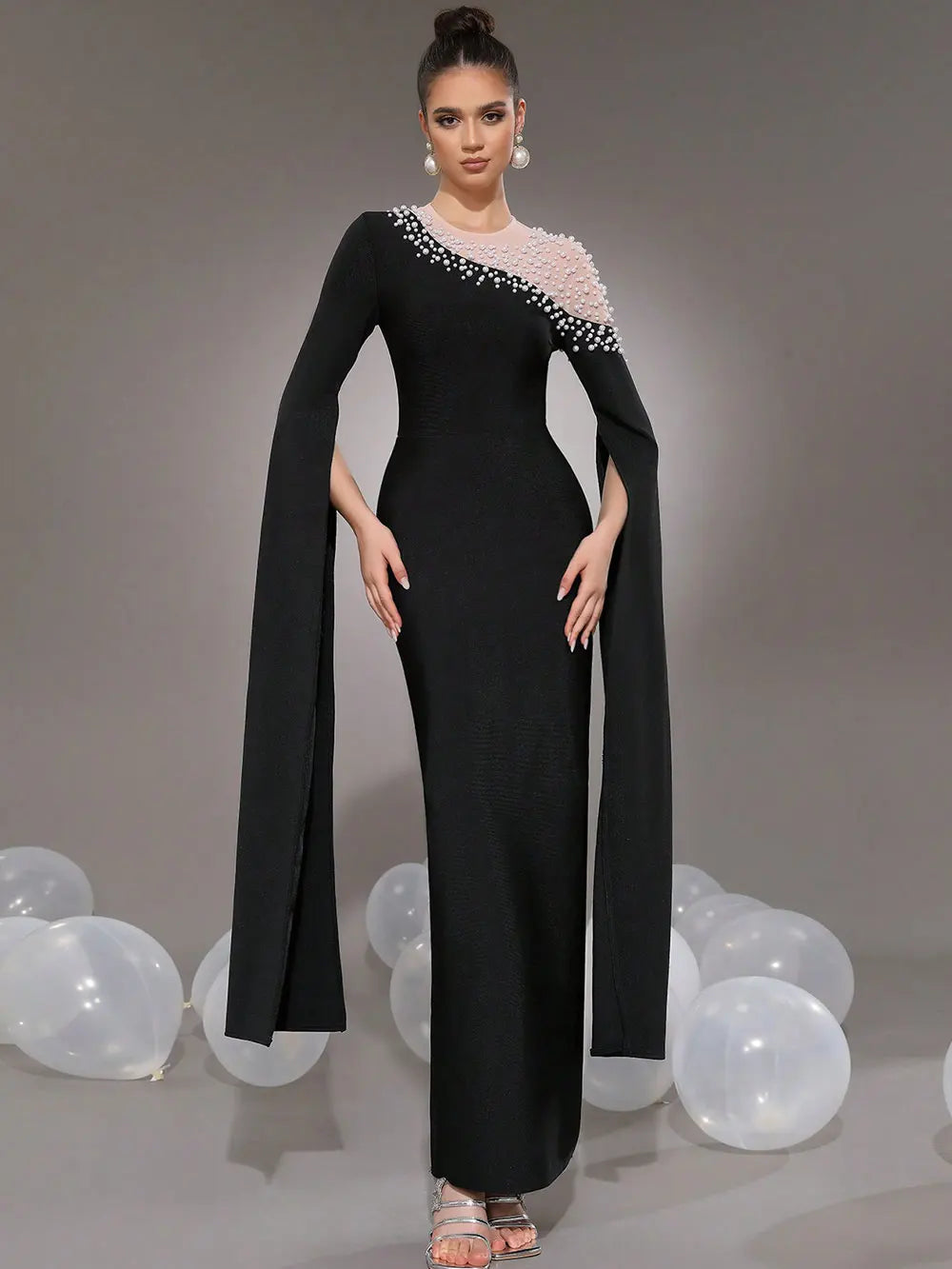 2025 Elegant Women Light Luxury Nail Bead Patchwork Bandage Dress O-Neck Extra Long Sleeve Bodycon Long Dress Club Party Vestido black