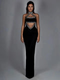 2025 Sexy Women'S Light Luxury Nail Bead Hollow Out Long Dress Hanging Neck Sleeveless Bodycon Backless Dress Club Party Vestido black