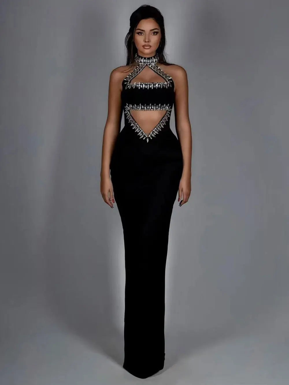 2025 Sexy Women'S Light Luxury Nail Bead Hollow Out Long Dress Hanging Neck Sleeveless Bodycon Backless Dress Club Party Vestido black