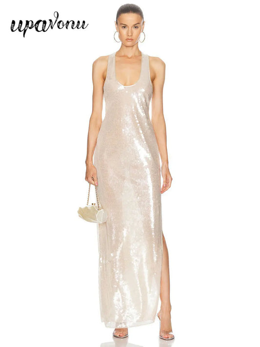 2025 Spring Sexy Women's Light Luxury Bright Piece Long Dress with U Neck Sleeveless Bodycon backless Evening Club Party Dresses