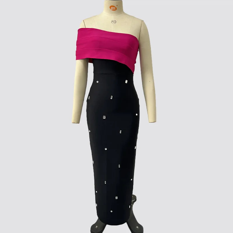 4 Colors Women Sexy One Shoulder Shinning Rhinestones Bodycon Long Bandage Dress Nightclub Party Celebrate Fashion Birthday Wear Rose Red