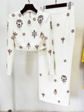 2024 Elegant Women's Light Luxury Nail Bead Short Skirt Set O-neck Long Sleeve Ultra Short Top+Mini Skirt Two piece Set White long