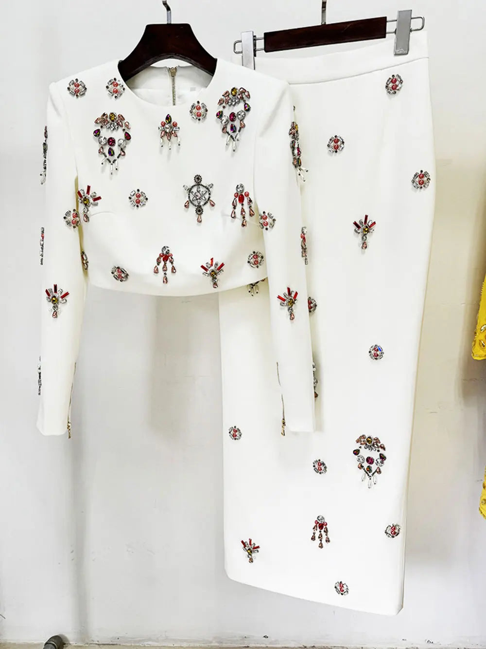 2024 Elegant Women's Light Luxury Nail Bead Short Skirt Set O-neck Long Sleeve Ultra Short Top+Mini Skirt Two piece Set White long