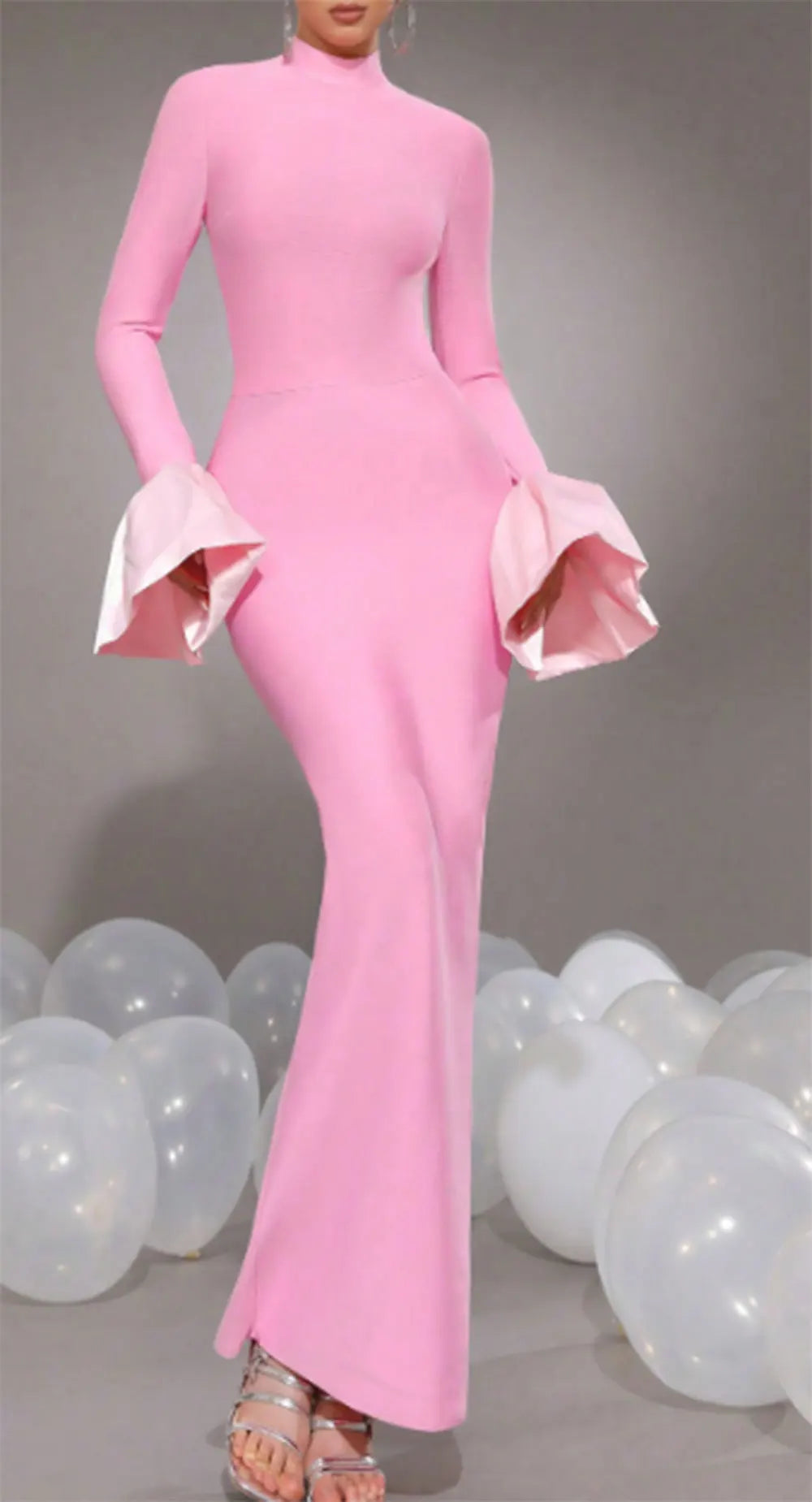 2024 Elegant Women's Black Maxi Dress Stand up Neck Flare Sleeves Bodycon Bandage Long Dresses Cocktail Evening Party Vestidos Pink