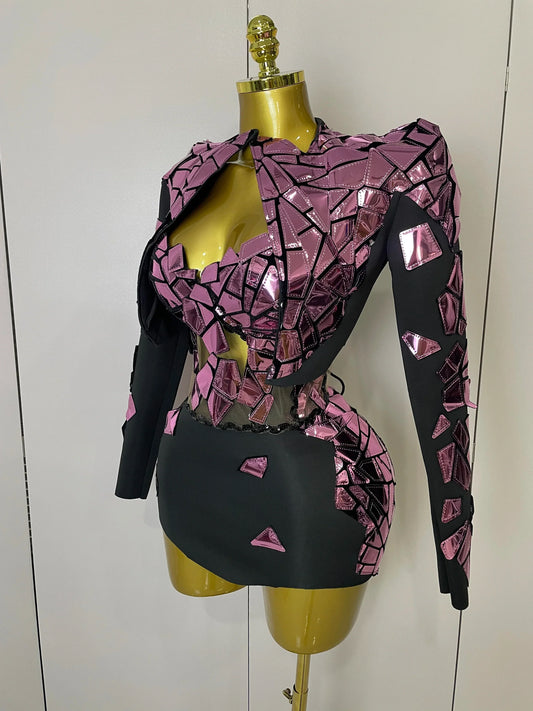 Women Sexy Pink Glitter Sequin Mirrors Short Skirt 3pcs Set Birthday Party Nightclub Queen Drag Stage Costume