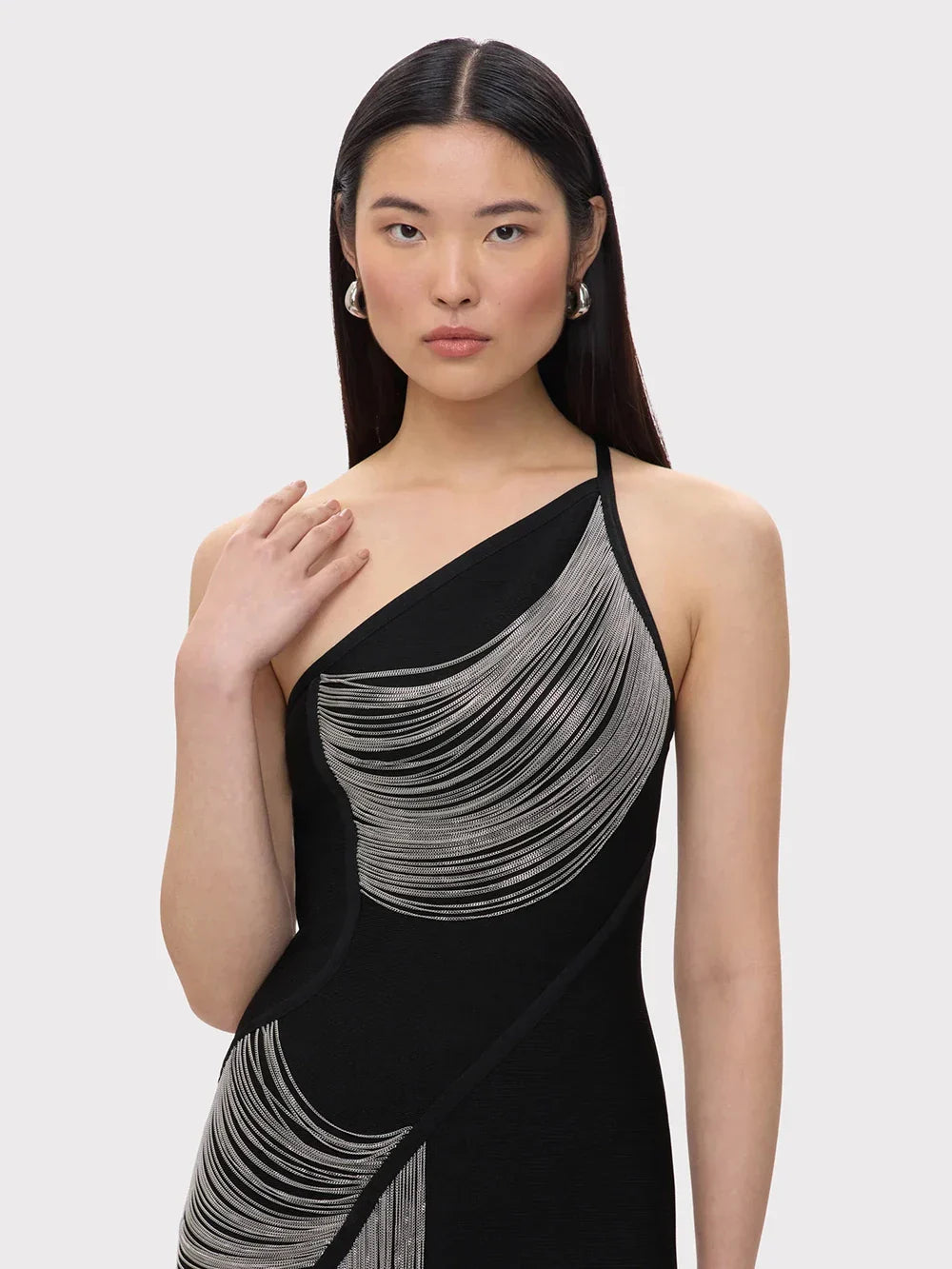 Women Sexy One shoulder Tassels Black Maxi Bodycon Bandage Dress Summer Elegant Cocktail Evening Club Party Gowns