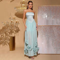 Strapless Flower Maxi Dress Women Elegant Sleeveless Backless Pleated Party Dresses Female Summer Sexy Lady Evening Vestido SKY BLUE