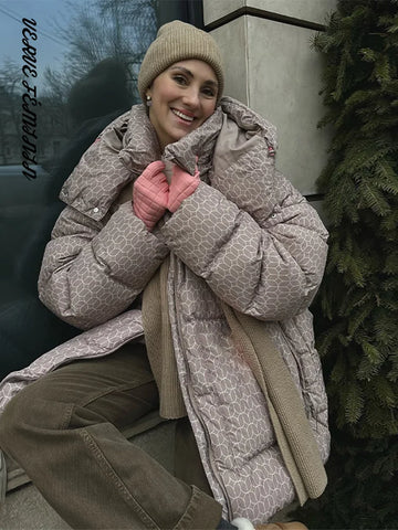 Oversized Hooded Printed Padded Jackets Women Elegant Long Sleeve Loose Autumn Winter Warm Coats Fashion Office Lady Outerwears